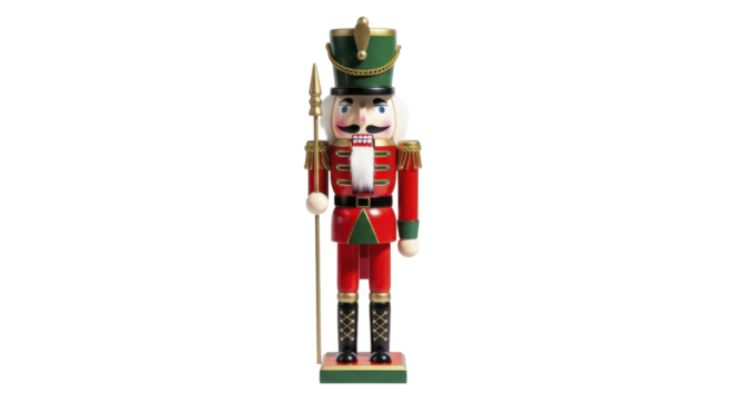  Traditional red and green nutcracker soldier toy with gold accents holding a spear on a transparent background PNG image PNG file