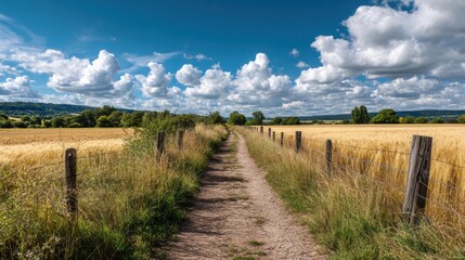Dirt path winding through an autumn golden wheat field under a blue sky with fluffy white clouds. Rural landscape and nature concept.