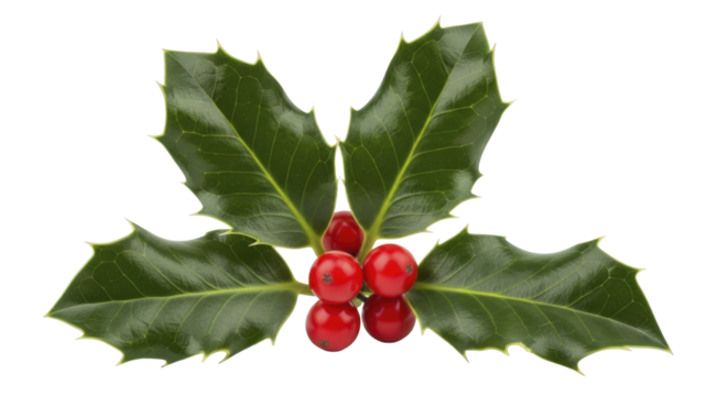 Fresh green holly leaves with vibrant red berries on a transparent background, PNG image, PNG file