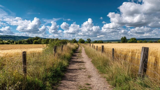 Dirt path winding through an autumn golden wheat field under a blue sky with fluffy white clouds. Rural landscape and nature concept.