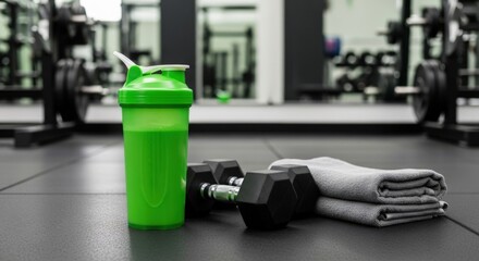 Vibrant green protein shaker bottle and fresh shake beside matte black dumbbells and gym towel on modern gym floor, motivational fitness wellness atmosphere