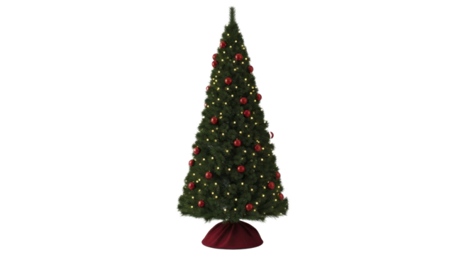 Tall decorated Christmas tree with red ornaments and glowing lights on a transparent background, PNG image