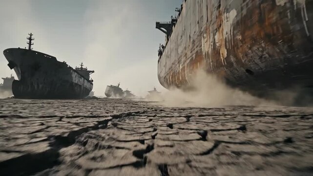 Rusted ships beached on cracked desert ground in post-apocalyptic wasteland. Stranded vessels amid blowing dust in dystopian landscape. Sci-fi apocalypse scene visualization for end-of-world concepts.