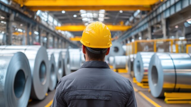 Man in hard hat inspecting metal coils in a steel factory. Industrial production and manufacturing worker in a warehouse for industry. - Powered by Adobe