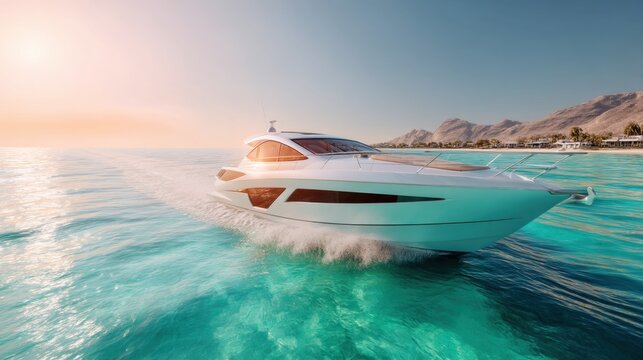 Luxury yacht sailing on turquoise water near tropical island. Speed boat cruising in ocean for summer vacation, travel, and adventure. - Powered by Adobe