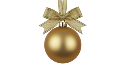 Golden Christmas Ornament Bauble with Festive Glitter Bow Hanging on a Transparent Background PNG Image PNG File