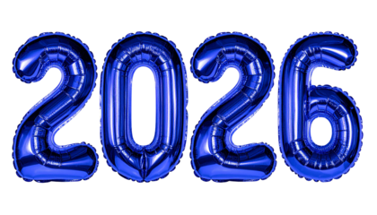 inflated reflective glassy blue color inscription 2026 isolated on transparent background, png