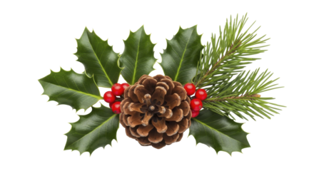 Pine cone with green holly leaves, red berries, and pine branch on a transparent background, PNG image