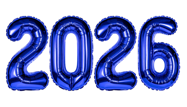inflated reflective glassy blue color inscription 2026 isolated on transparent background, png