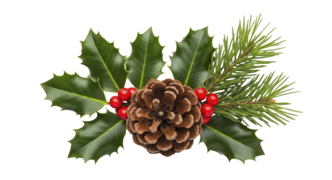 Pine cone with green holly leaves, red berries, and pine branch on a transparent background, PNG image