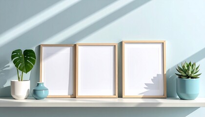 Minimalist gallery wall mockup with blank frames, plants, and natural light design