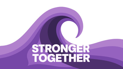 Raising awareness banner with text STRONGER TOGETHER in purple waves on white background. For fibromyalgia, Crohn’s disease, Hodgkin's lymphoma, Alzheimer’s and other deceases awareness campaigns