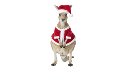 Adorable kangaroo dressed in a red Santa suit for Christmas celebration, on a transparent background, PNG image