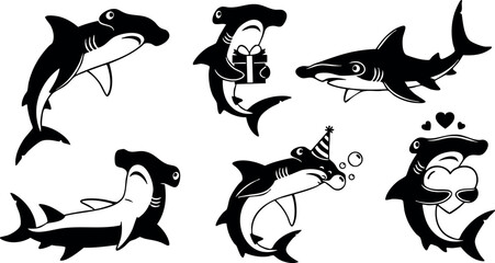 Cartoon hammerhead sharks in various playful poses vector illustration