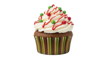 Christmas chocolate cupcake with white frosting, red drizzle, and festive sprinkles on a transparent background, PNG image, PNG file