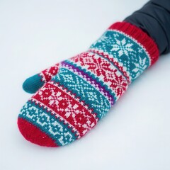 Cozy knitted mitten with festive nordic snowflake pattern