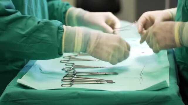Surgeons preparing for operation with sterile instruments on a green surgical drape in an operating room. - Powered by Adobe