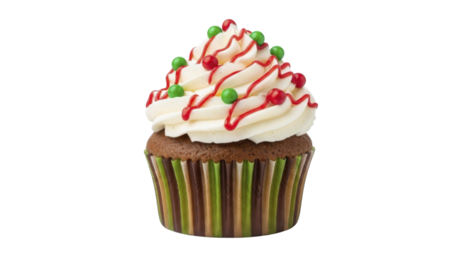Christmas chocolate cupcake with white frosting, red drizzle, and festive sprinkles on a transparent background, PNG image, PNG file - Powered by Adobe