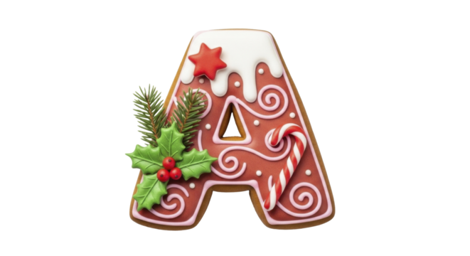  Gingerbread letter A decorated with festive holly and candy cane on a transparent background PNG image