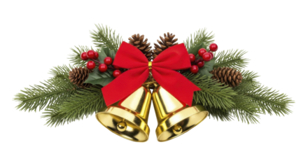 Golden Christmas Bells with Red Bow Pinecones and Holly Berries on a Transparent Background PNG image