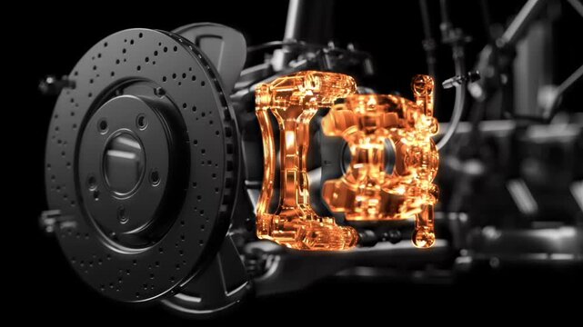 Hydraulics and detailing of brakes in 3D visualization.