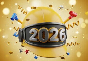 Yellow hard hat with 2026 and festive party elements, celebrating a new year for construction