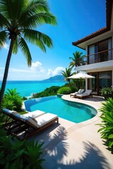 Luxury villa with private pool, stunning ocean views, and lush tropical landscaping Perfect for a relaxing getaway , outdoor furniture, modern, sunshine
