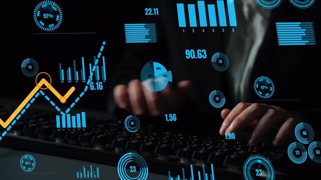 A focused view of hands typing on a keyboard with various digital graphs and data visualizations representing trends in business analytics and financial insights. Xenic
