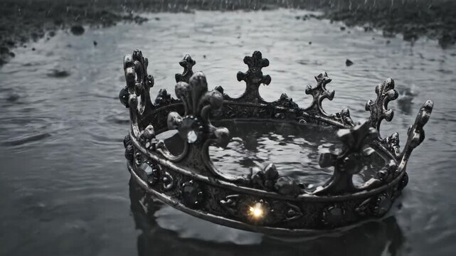 Ornate black crown floating on rippling water surface. Glowing light on royal emblem during submersion sequence. Mystical symbol of lost monarchy and aquatic immersion concept.