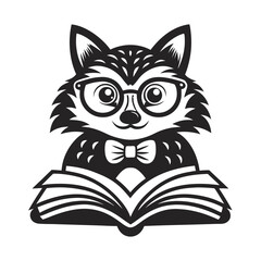 Stylized fox with glasses and bow tie is reading an opened book on white