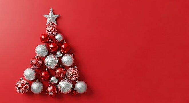 Christmas tree shape made of red and silver ornaments on red background