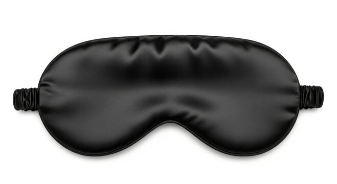 Soft black satin sleep mask with elastic strap isolated on pure white background, perfect for blocking light and promoting restful sleep