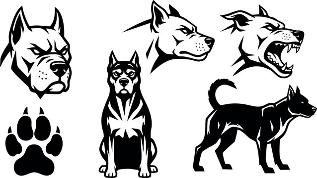 Aggressive pitbull dog head paw prints and full body side view black silhouette vector illustration