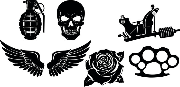 Tattoo design set with skull grenade wings rose knuckle and tattoo machine vector illustration