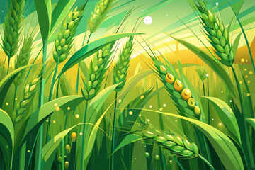 Obraz premium vector of Barley fields glisten with green, huskless seeds. Dewdrops clinging to a field of vibrant, huskless green barley. Fresh dew beautifies a field of green, huskless barley crops.