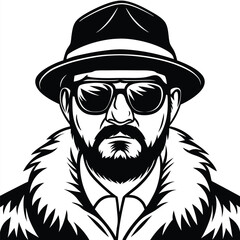 Stern man wearing sunglasses and a fedora sports a furry collar in monochrome