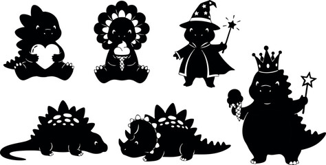 Naklejka premium Cute dinosaur silhouettes with wizard and princess costumes fantasy character designs vector illustration