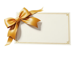 Elegant minimalist voucher with golden bow on transparent background, Luxury gift certificate. Blank card with decorative elements.