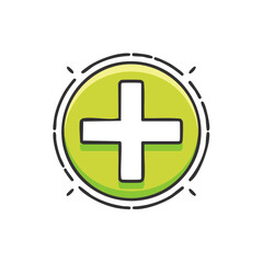 Obraz premium Green circle with white plus sign in a playful hand drawn doodle style vector icon
