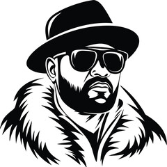 Portrait shows Black man with hat, sunglasses, beard, and fur collar in monochrome