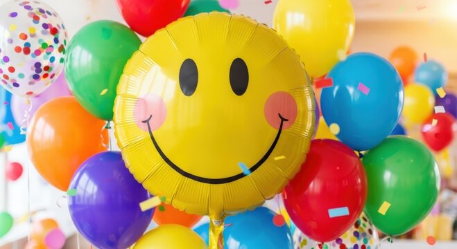 Large yellow smiling face balloon with cheerful smile and rosy cheeks floating among multicolored party balloons and scattered confetti on festive bright background, celebration energy