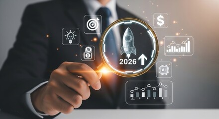 Business Trend Analysis 2026 with Futuristic UI and Magnifying Glass