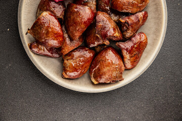 Heart turkey roasted offal poultry meat tasty snack fresh delicious gourmet food table background rustic food top view copy space