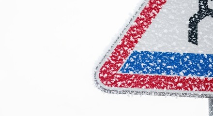 Obraz premium Snow-covered road sign against white background, concept of copy space 