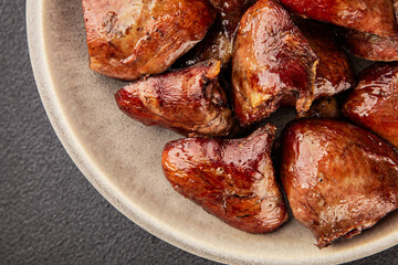 Heart turkey roasted offal poultry meat tasty snack fresh delicious gourmet food table background rustic food top view copy space