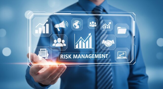 Businessman Holding Digital Risk Management Interface with Hologram Icons