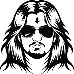 Stylish man with long hair and sunglasses showcases a retro aesthetic in black and white