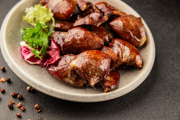 Heart turkey roasted offal poultry meat tasty snack fresh delicious gourmet food table background rustic food top view copy space