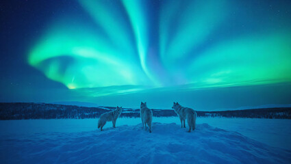 White wolves on ice under the northern lights