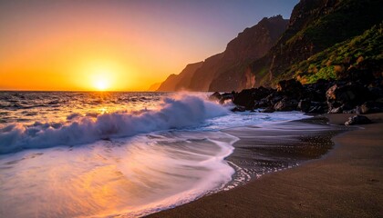 Dramatic sunset over a rugged coastline, crashing waves and mountainous terrain